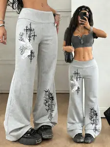 Y2K Gothic Print Flared Pants – High-Waist Casual Pants, Perfect for Streetwear and Grunge Styles | Popular TikTok Trend, Stretchy and Slim-Fitting, Perfect for 2026 Y2K Revival and Cute Fashion Looks