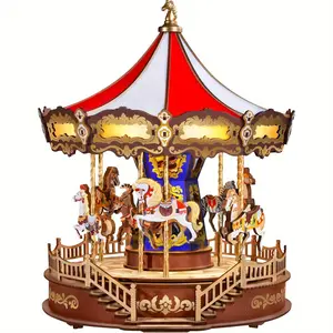 Robotime Rolife Classic Carousel Music Boxes Easy Assemble 3D Wooden Puzzle Moveable Design with Light Xmas Gifts for Family AMC01 Classic Carousel