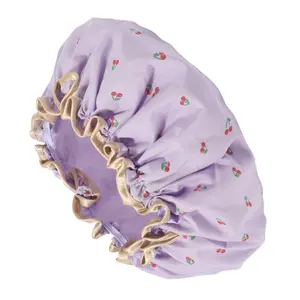 Unique Bargains 1pc Women's Double Layer Cherry Pattern Shower Cap for Bathroom Vacation Purple