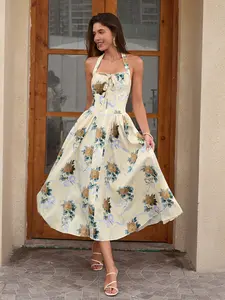 parthea Women's Backless Halter Smocking Tie-Front A-Line Dress - Casual Fabric for Leisure Travel, Summer Vacation