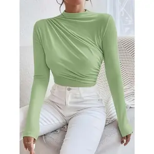 Women's Plain Ruched Stand Collar Tee, CasualLong Sleeve T-Shirt for Fall & Winter, Women'sClothing for Daily Wear