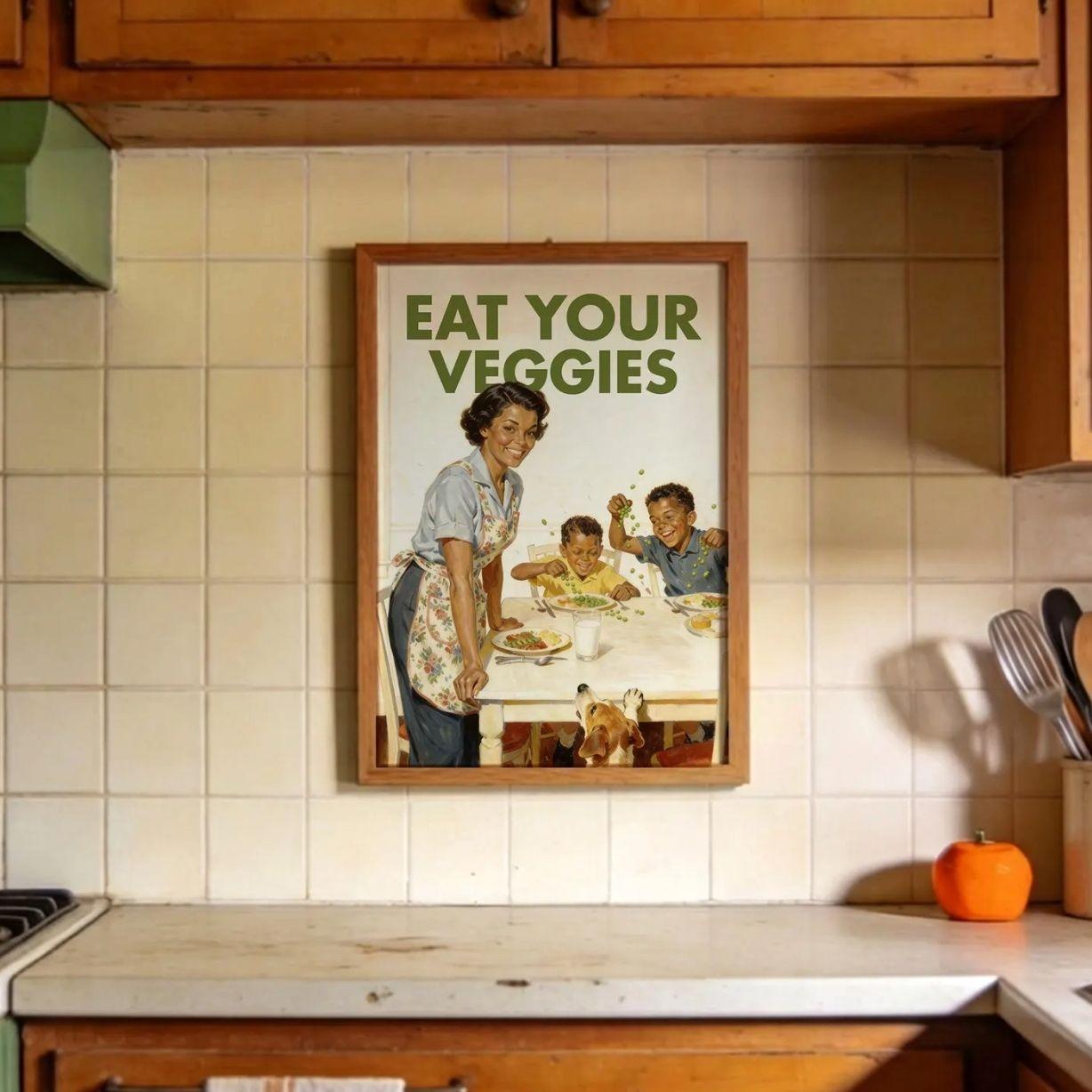 Retro "Eat Your Veggies" Print, Funny 50s Kitchen Poster, Vintage Cooking Art, Humorous Kitchen Decor Retro "Eat Your Veggies" Print, Funny 50s Kitchen Poster, Vintage Cooking Art, Humorous Kitchen Decor