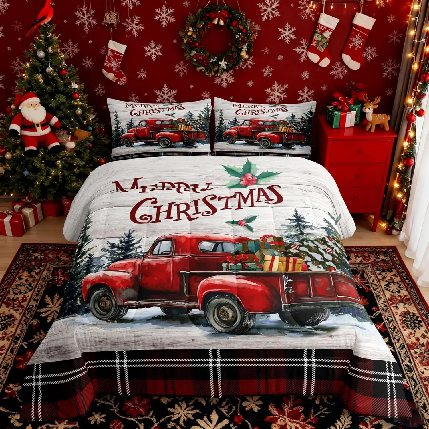 Feelyou Vintage Christmas Red Black Checkered Comforter Set - Rustic Farmhouse Wood Duvet Insert, Machine Washable Bedroom Bedding Set, Decorative Bedding for Kids, Decorative Bedding Set