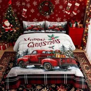 Merry Christmas Comforter Set,Vintage Xmas Truck Quilt Set,Red Black Checkered Bedding Set for Kids Girls Boys,Rustic Farmhouse Wood Duvet Insert