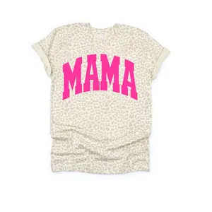 Mama and Mini and Grandma Name Natural Leopard with Puff Print Graphic Tee