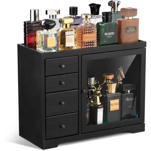 Cologne Organizer for Men, 5 Tier Large Capacity organizador de perfumes, Wooden Dustproof Perfumes Organizer Cologne Stand with 4 Drawer,Gifts Ideas for Loved ones (Black)