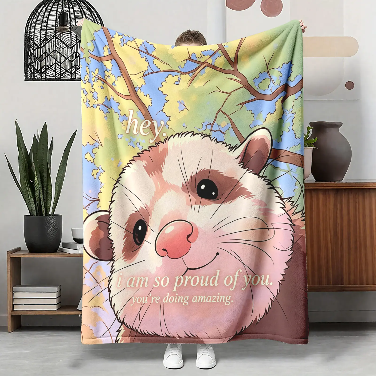 I Am So Proud Of You Flannel Blanket, Cute Ferret Inspirational Throw, Soft Cozy Encouragement Gift, Warm Positive Quote Home Decor, Suitable for Couch Bed Office Nap, Birthday Feel Good Gift for Her Friends Sister, Mental Health Self Care Blanket