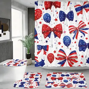 4pcs Blue Bow & Balloon Shower Curtain Set, Patriotic Star Print,The floor mat fabric is thicker and softer!  Bathroom Decor for Independence Day, Festive Home Decor