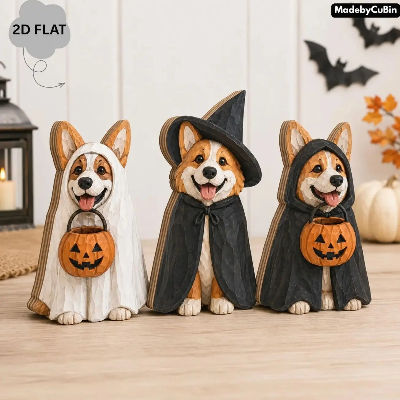 Ghost And Witch Corgi Wooden Block Decor, Halloween Dog Figurines, Spooky Fall Shelf Decor, Corgi Lover Gift