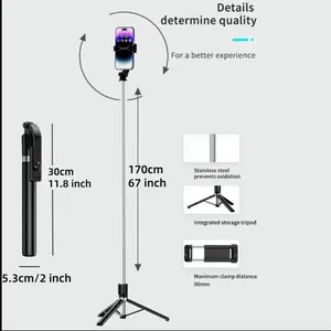 67 Inch Phone Universal Bluetooth Selfie Stick with Remote Control Portable Foldable Tripod for Live Streaming Video Recording Stainless Steel