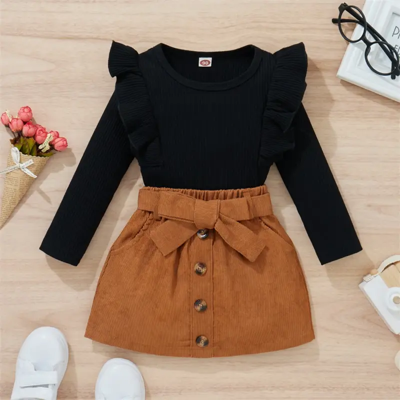 Kids Toddler Baby Girl Fall Outfit Long Sleeve Ruffle Shirt Blouse Pullover Tops & Mini Skirt with Belt Cute Clothes 2 Piece Set