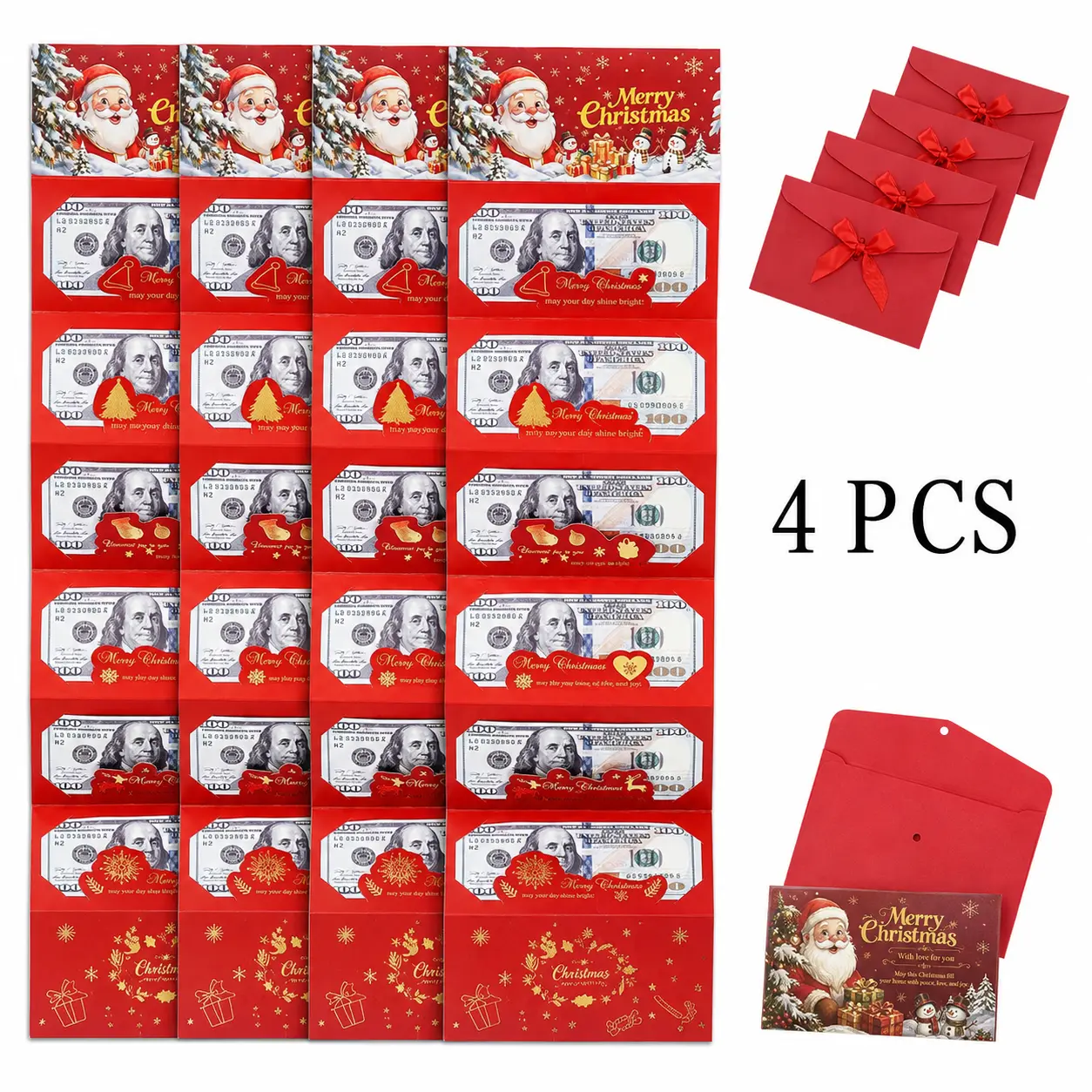 Santa Theme Thick Paper Cash Holder DIY Set, 6-Slot Red Christmas Folding Envelopes with GoldStamping & Ribbon, Office Stationery for PartyDecor