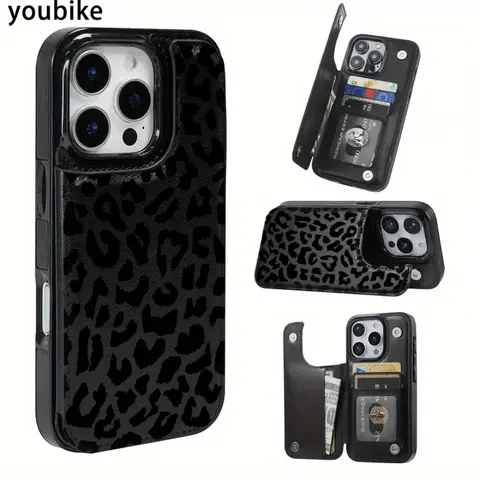 Trendy Black Leopard Print Wallet Card Holder Phone Case for iPhone 18/17/16/15/14/13/12 Pro/Plus/Pro Max/Air PU Leather Shockproof Protection with Card Slots & Cash Compartment