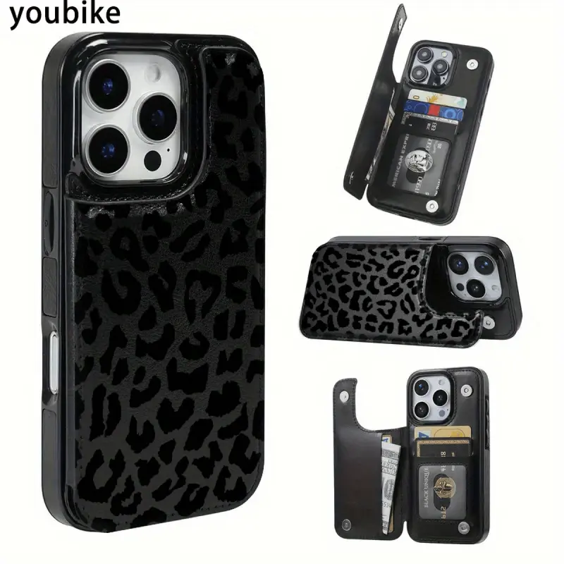 Trendy Black Leopard Print Wallet Card Holder Phone Case for iPhone 18/17/16/15/14/13/12 Pro/Plus/Pro Max/Air PU Leather Shockproof Protection with Card Slots & Cash Compartment