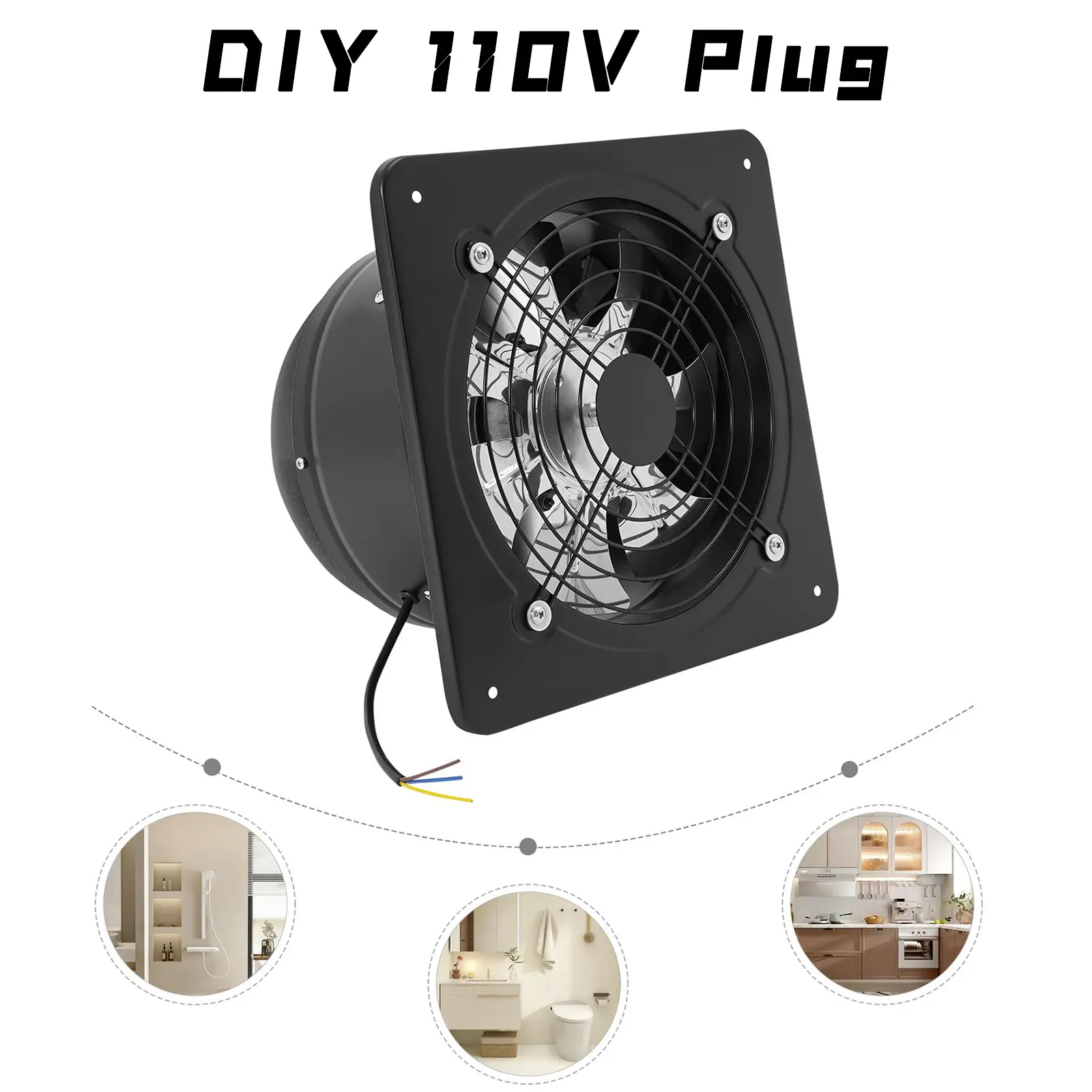 10-Inch Wall-Mounted Kitchen Exhaust Fan with Backdraft Damper - Portable, Low Noise, Strong Ventilation（No Plug）