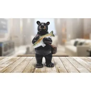7"H Black Bear Holding Largemouth Bass Fish Statue
