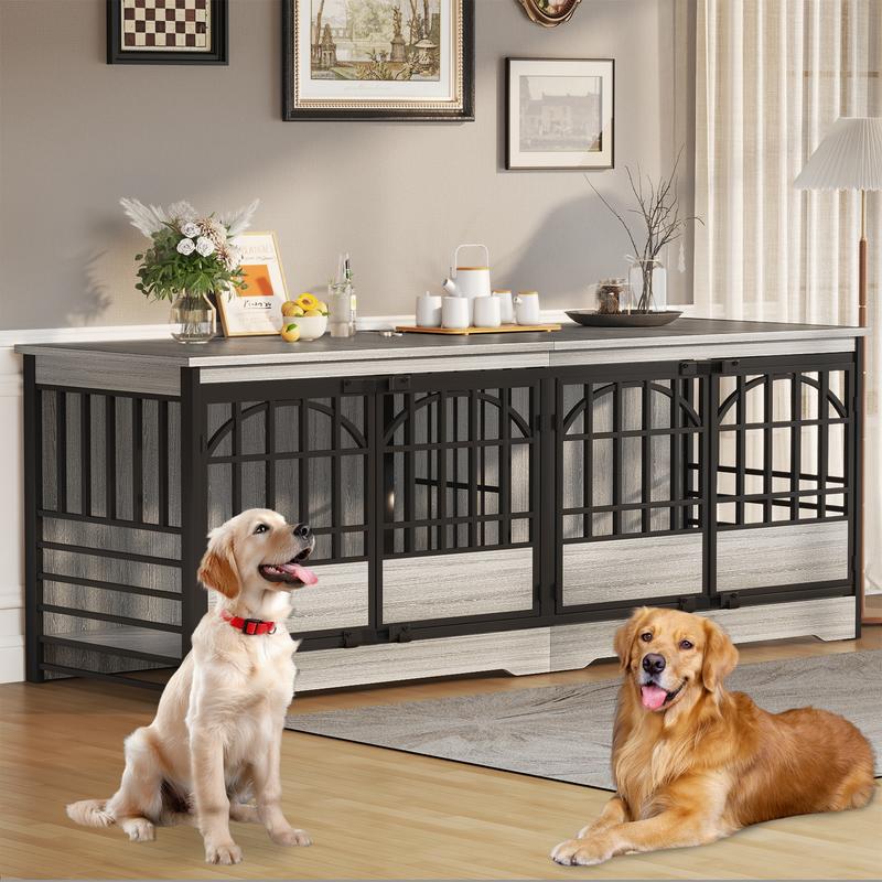 COZPAW 86 Inch Double Dog Crate Furniture for 2 Dogs, Decorative Dog Kennel Indoor TV Stand, Heavy Duty Wooden Dog Cage for Large Medium Dogs Sized Dog Pet House with Divider (Brown)