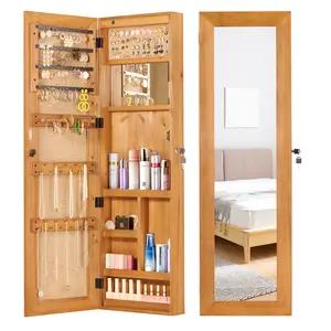 Donext Solid Wood Jewelry Armoire Organizer Cabinet with Full-Length Mirror 47.5x14.3 in Wall-Mounted Lockable LED Light for Earring Necklace Storage Stable Large Capacity