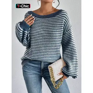 Women’s Blue Striped Sweater, Casual Crew Neck Knit Top, Autumn/Winter Fashion, Vintage Style, Lantern Sleeves, Elegant Look, Long Sleeve