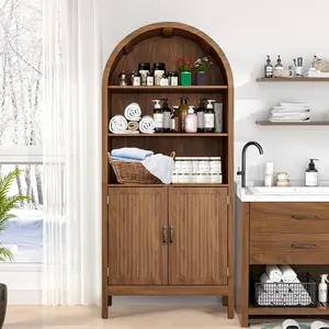 70.9" Tall Storage Cabinet with Fluted Doors, Arched Freestanding Cabinet with 5 Shelves, Wooden Bookcase Storage Cabinet Suitable for Living Room, Dining Room, Bathroom