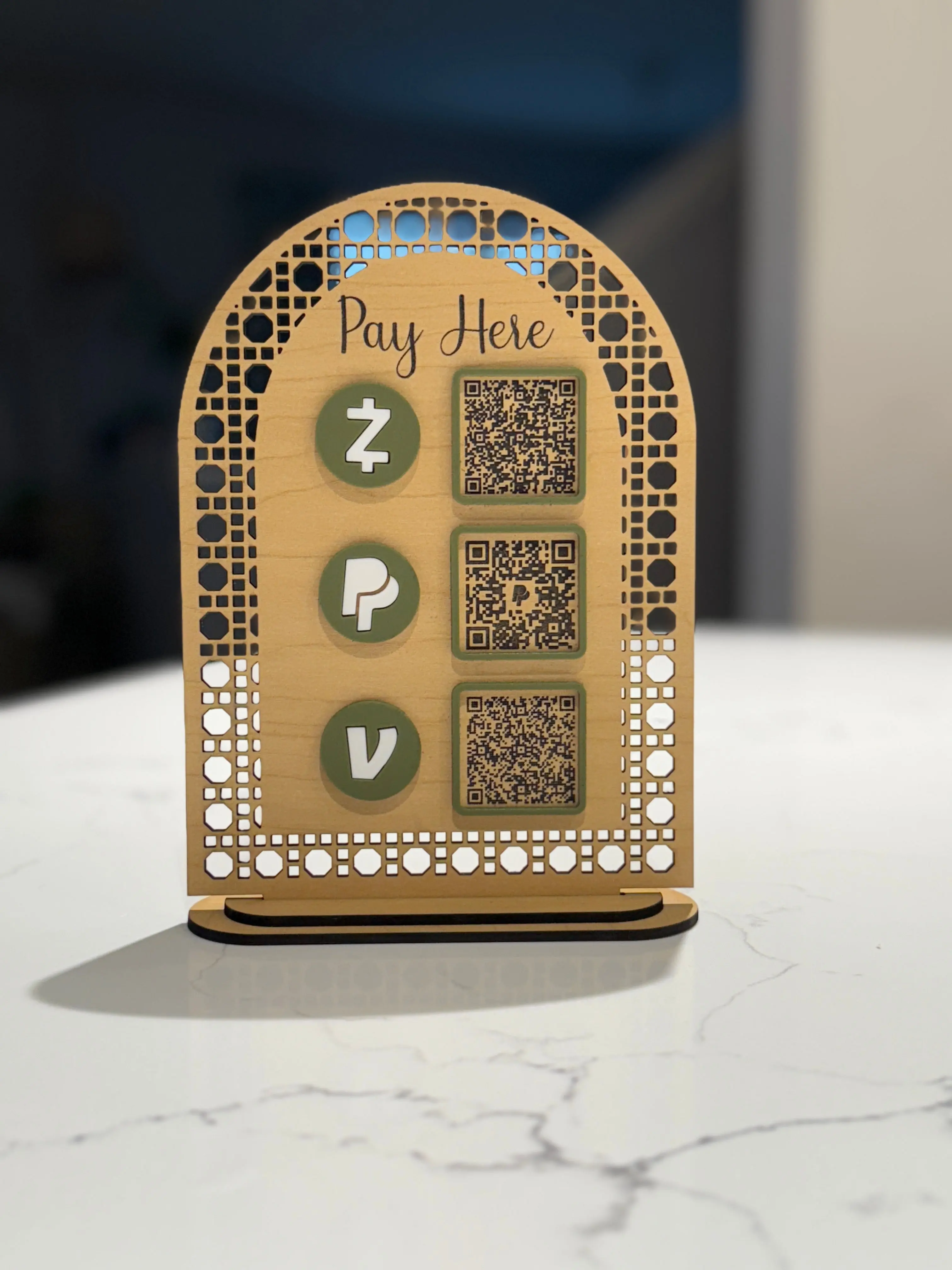 Pay here 3 QR Code Business Social Media Sign, wood, acrylic 7 x 5