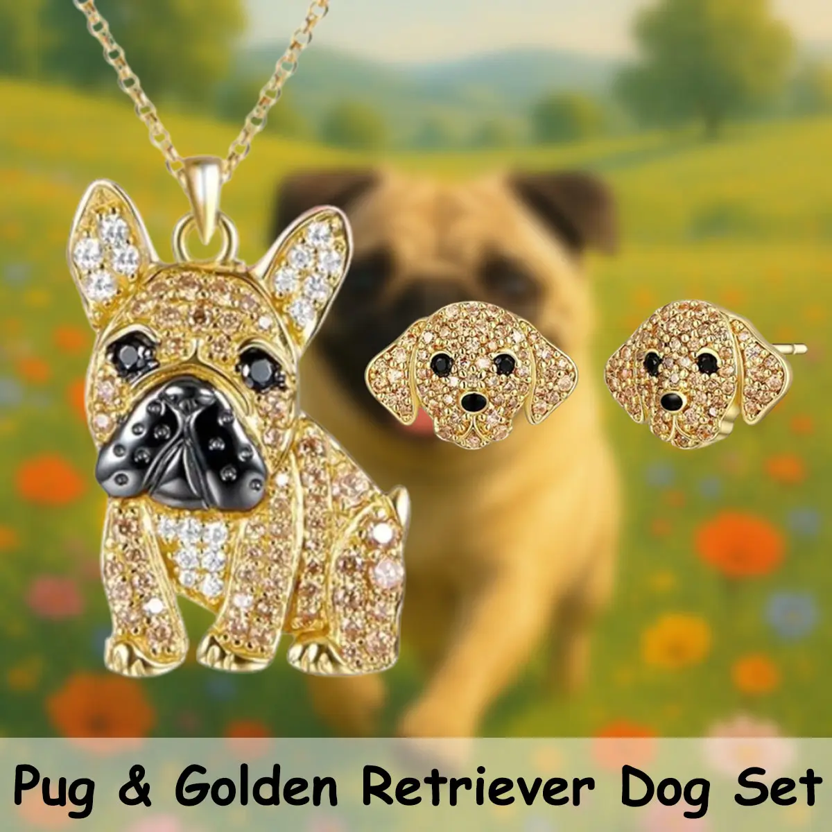 3-Piece Golden Pug & Retriever Alloy Jewelry Set - Sparkling Dog Pendant Necklace, Elegant Stud Earrings, Daily Wear Accessory, Ideal Birthday Gift for Dog Lovers, Animals, Everyday, Unisex, Cute, Casual