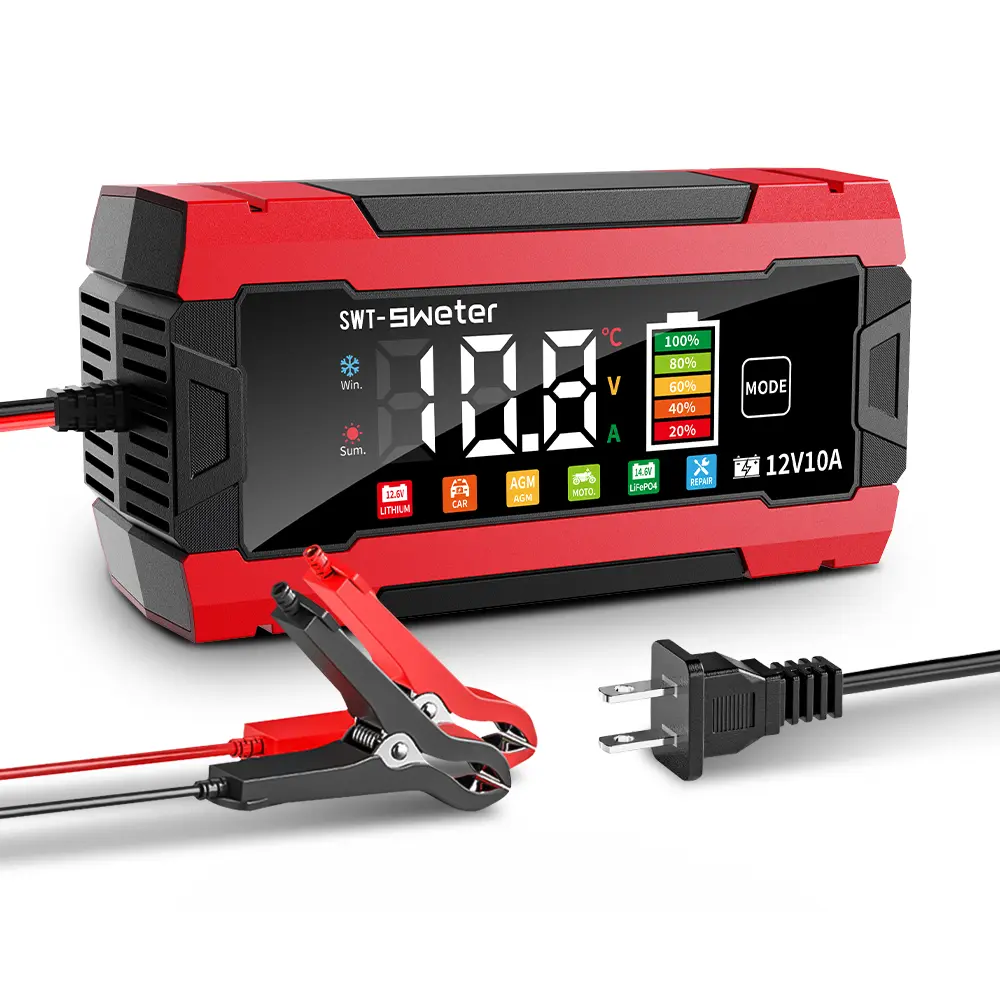 Facdonan 12V 10A Smart Battery Charger, 9-Stage Automatic Trickle Charger & Battery Maintainer with LED Display for Car, Truck, Motorcycle, Boat, AGM & LiFePO4 Batteries
