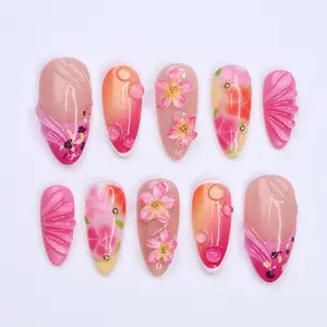 Aura Nails - Summer Press On Nails with 3D Pink Flowers and Tropical Ombre Design, Meidum A