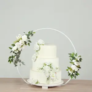 Metal Round Floral Hoop Cake Stand 22" Whitewash with Beaded Wooden Base - Dessert Display Table Centerpiece Stand