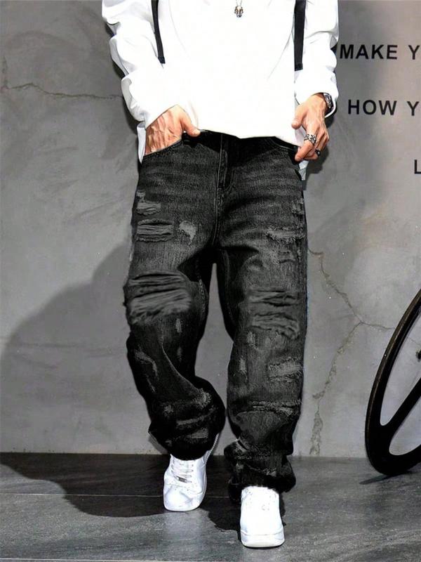 Men's Korean Style Casual Patched Ripped Wide Leg Jeans, Loose Fit Straight Tube Pants, Trendy Cool Design, All Seasons