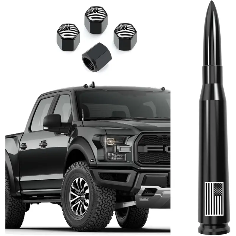 American Flag Car Truck Bullet Antenna Anti-Theft Design Carwash Safe for Ford F150 F250 F350 Super Duty Raptor Bronco Dodge RAM 1500 2500 3500 Accessories 1990-2025, Black