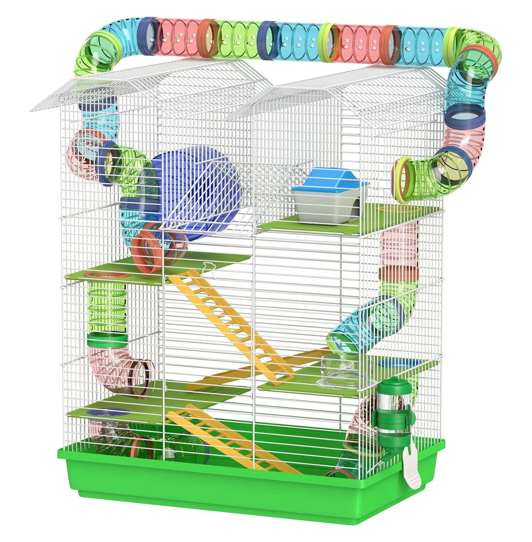 5-Tier 18.5" Hamster Cage Habitat - Small Animal Enclosure for Hamsters, Gerbils - Equipped with Tubes, Wheel, Water Bottle, Green Accessories, Hamster Enclosure