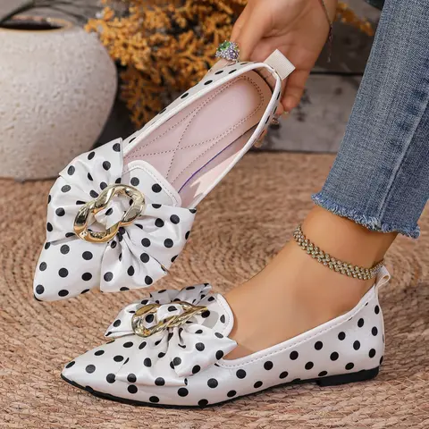 Women's Retro Polka Dot Bow Pointed Toe Flats, Buckle Decor, Comfortable Slip-On Ballet Shoes, Fashionable Flats, Stylish Versatile Footwear for Daily Outings, Dating & Commute