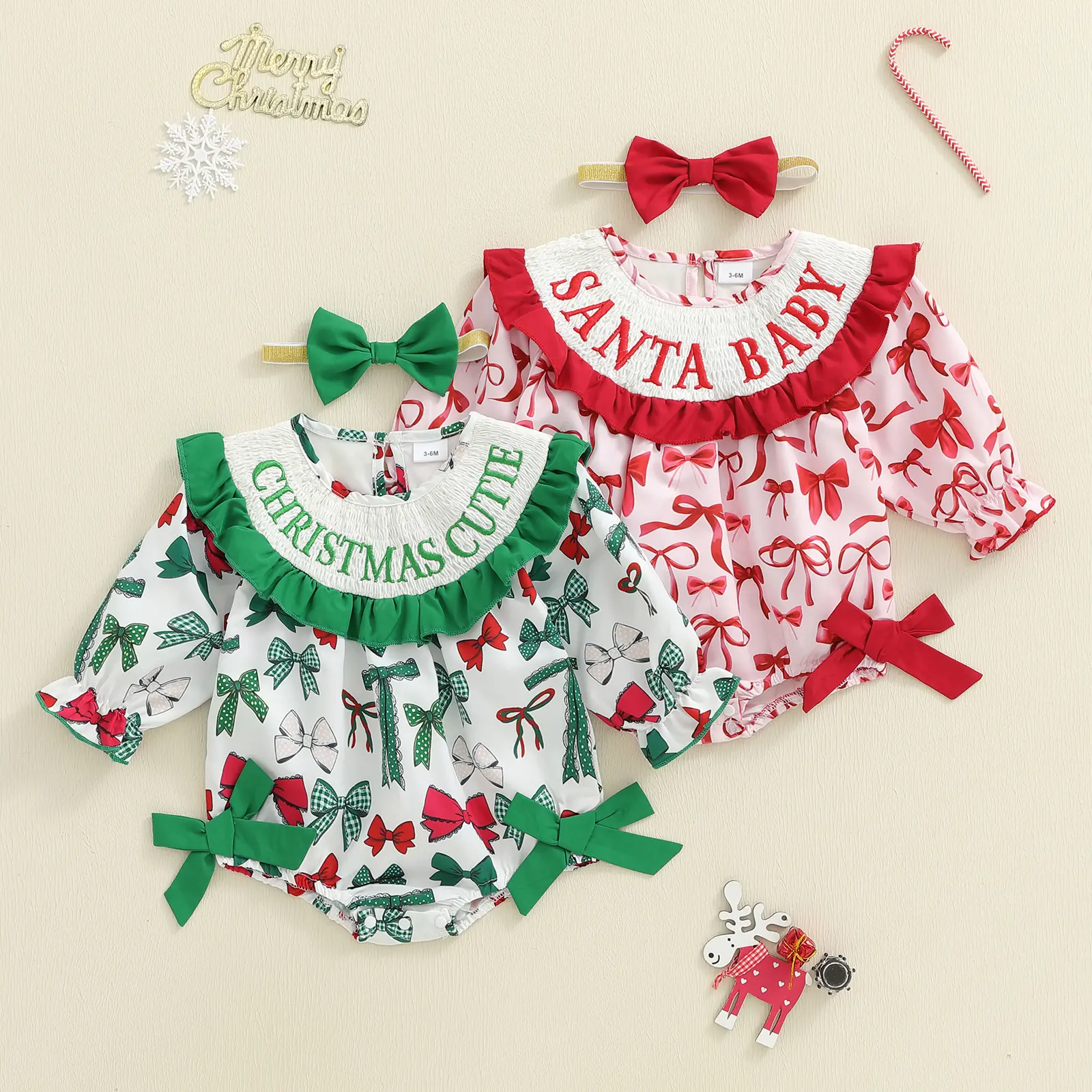 Infant Baby Girl Christmas Outfit Bow Print Letter Embroidery Long Sleeve Romper Bow Headband 2 Piece Set 0-18 Months