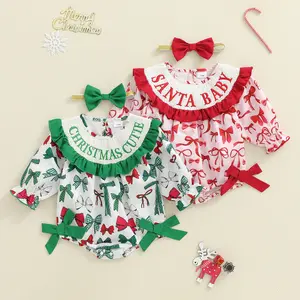 Infant Baby Girl Christmas Outfit Bow Print Letter Embroidery Long Sleeve Romper Bow Headband 2 Piece Set 0-18 Months