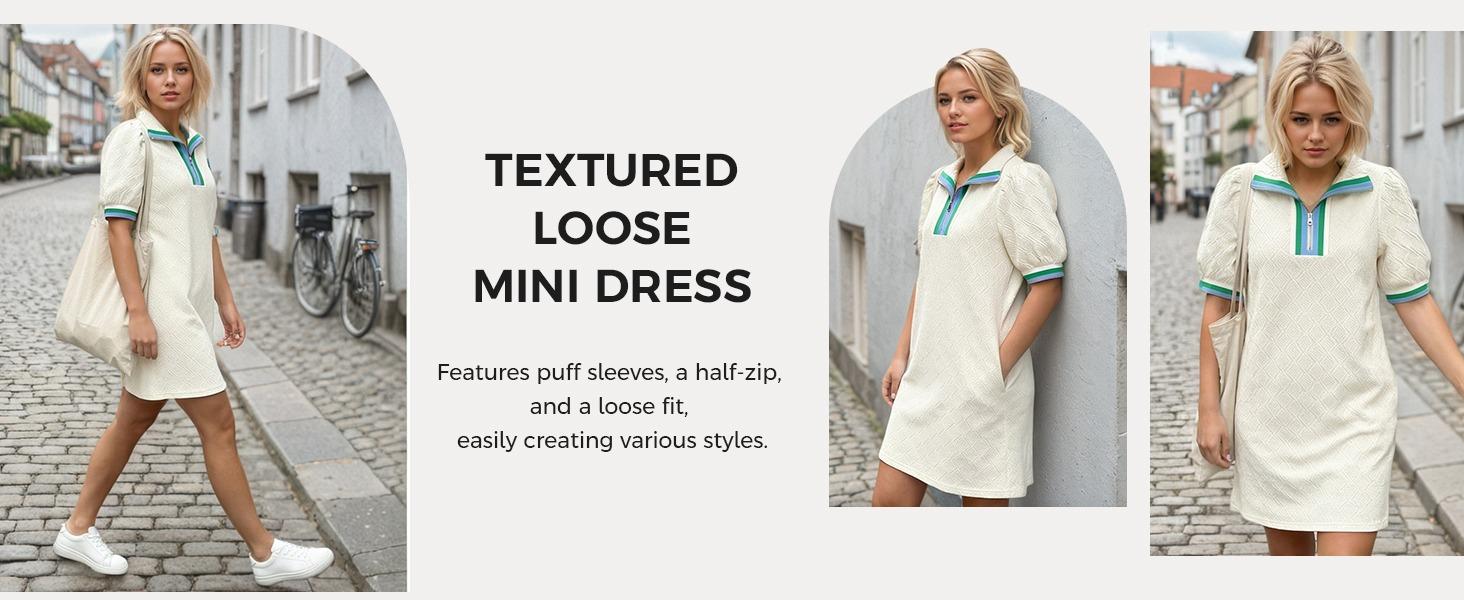 Fisoew Womens Summer Puff Short Sleeve Mini Dress Quarter Zip V Neck Casual Textured Loose Fit Active Sweatshirt Dresses Womenswear Sky