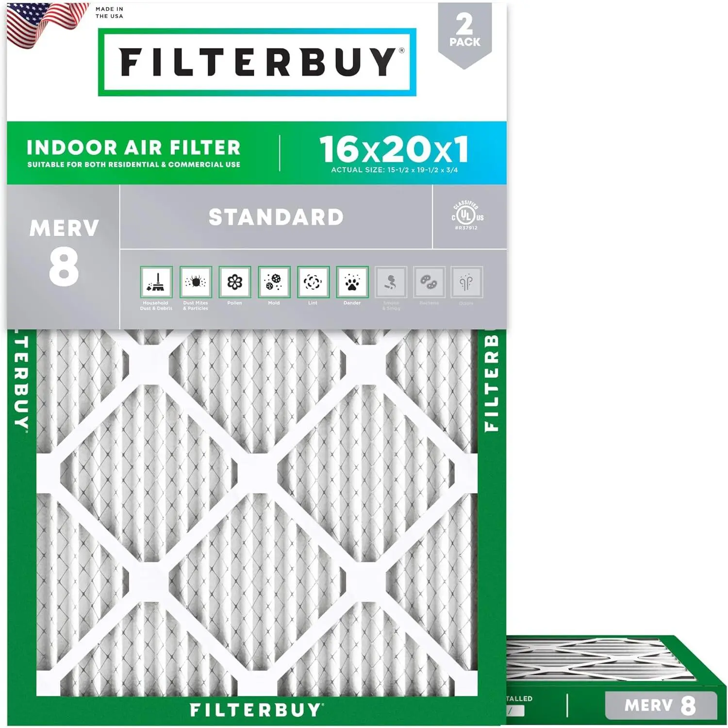 Filterbuy 16x20x1 Air Filter (2-Pack), Pleated MERV 8 Dust Defense HVAC AC Furnace Air Filters (Actual Size: 15.50 x 19.50 x 0.75 Inches)