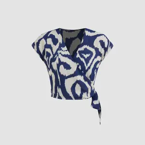 Cider [size 2-10] V-neck Abstract Knotted Crop Short Sleeve Blouse