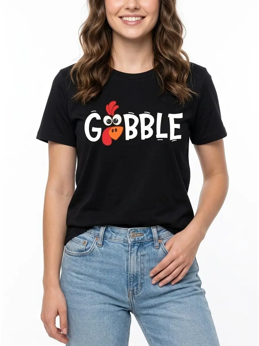 Gobble Tee Thanksgiving Graphic 100% Cotton Black White S-5XL Women Holiday-outfit Funny-holiday-gift Turkey-design