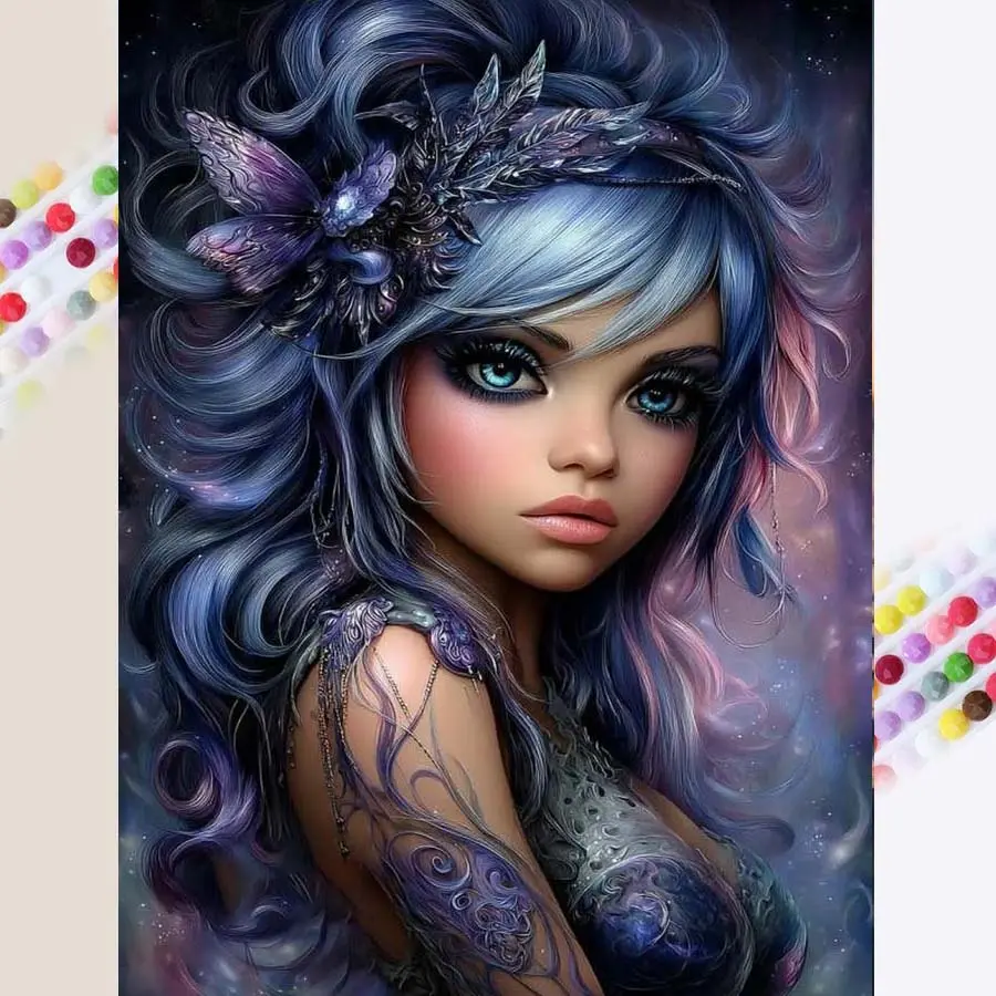1 set of DIY diamond painting kit, 5D diamond art set, DIY decoration Dreamy Girl, purple hair, butterfly accessories. Mosaic, diamond art, DIY art home decor.