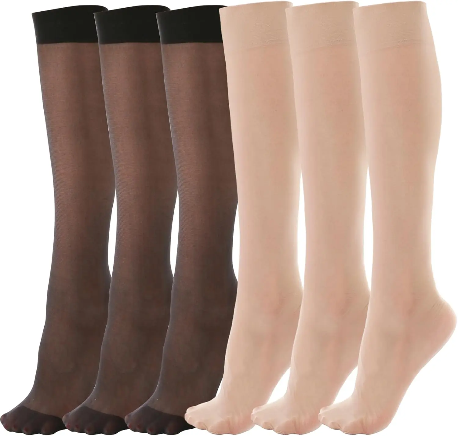 Women's Lady 6-Pair Knee-Length Stockings, 20 Denier Nylon Sheer Solid Socks, Reinforced Toes, Black Nude Colors, One Size, Thanksgiving Essential