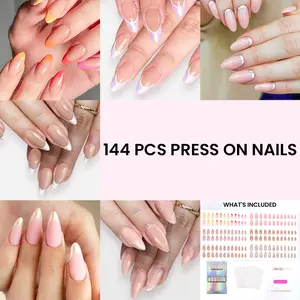 6 Packs (144 Pcs) | Reusable Press on Nails | Stick on Nails 12 Sizes-6 Styles | Vibrant French style