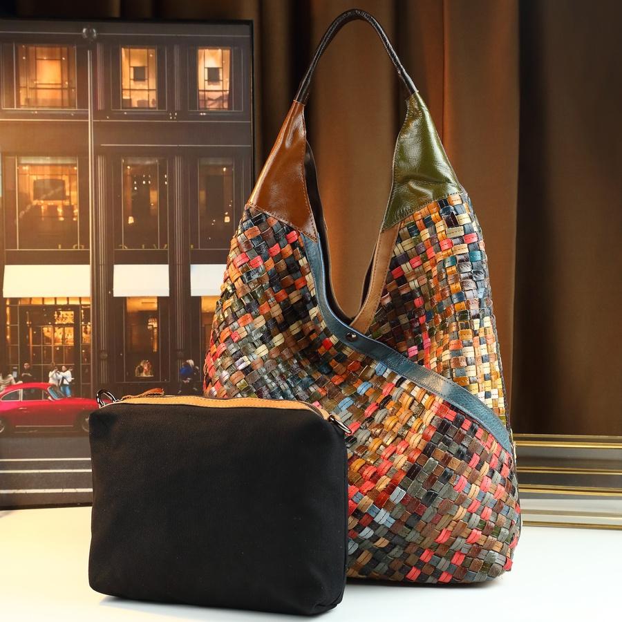 Large Colorful Woven Hobo Bag - Boho Braided Vegan Leather Shoulder Bag - Spacious Multi-color Patchwork Handbag for Women's Daily & Vacation