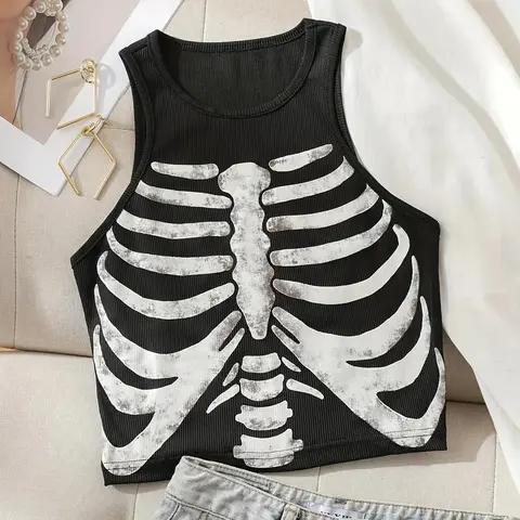 Women's Skeleton Graphic Print Round Neck Fitted Tank Top, Black Vest, Summer Fashion Casual Sleeveless Printed Top for Daily & Vacation Wear