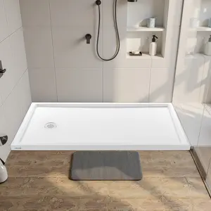 VEVOR  Shower Pan, 60″ L x 36″ W Single Threshold Shower Base, Rectangle Acrylic & PVC Showering Base in White, Slip-Resistant Showering Pan Bases with Drain & Cover for Bathroom, Left Drain Location