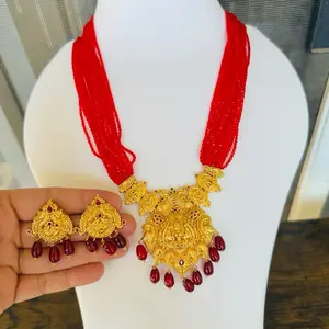 Red hydro potey goddess Laxmi gold plated set with earrings