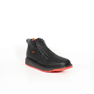 230- P Square Toe Handwoven Leather Shoe with PU Sole - Black, Double Density Red Sole, Extra Cushion Insole, Lightweight Sole, Comfortable & Durable Footwear for Men & Women