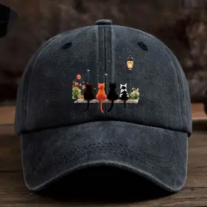 1pc Four Cats - Baseball Cap with a Dreamy Cat and Flower Lantern Cartoon Pattern Print. Breathable and Comfortable, Stylish and Beautiful, Available in Multiple Colors. Adjustable Size, Black Papa Trucker Dad Hat. A Versatile Four-season Accessory
