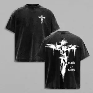 Walk by Faith Cross Double Printed Vintage Washed Tee | Oversized Streetwear for Valentine's Day Gifts & Birthday Surprises | Easter Church Gathering, Casual Spring Outfit | Christian Aesthetic, Unisex Fit
