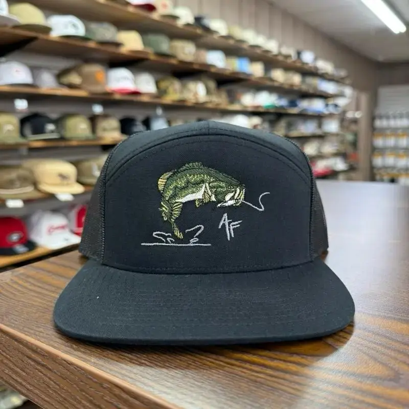 Largemouth Bass Trucker Hat | Embroidered Fishing Mesh Snapback | 7 Panel Flat Bill Cap | Gift For Him